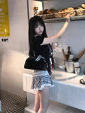KYLETHOMASW  -  Harajuku Summer Women 2 Piece Set Gothic Lace Slim Tops + Elastic Plaid Short Skirt Female Retro High Street Y2k Design Outfits