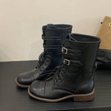 KYLETHOMASW  -  Fashion Design Narrow Band Lace-up Women Knee-High Boots Vintage Spring Autumn Round Toe Square Low Heels Shoes