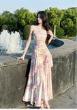 KYLETHOMASW  -  Women's Elegant Lavender Floral Tiered Dress Summer Spaghetti Strap Ruched Asymmetric Ruffle Tulle Long Dress Beach Vacation