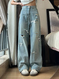 KYLETHOMASW  -  Fashion Bow Ripped Washed Casual Jeans Women Retro Summer New Loose Harajuku Street Casual High Waist Straight Wide Leg Jeans