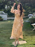 KYLETHOMASW  -  Women Clothes Chiffon Sweet Floral Print Puff Sleeve Slim A-Line Long Dress Elegant Lady Party Vestidos Robe Casual Autumn New