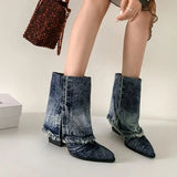 KYLETHOMASW  -  Designer Lapel Denim Women Ankle Boots Autumn and Winter Pointed Toe Korean Version Cowboy Boots Sexy Hottie Short Single Botas