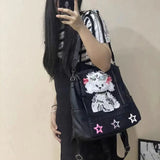 KIylethomasw Vintage Black Y2k Backpack Women Hot Girls Dog Star Chic Leather Schoolbag Female Retro Harajuku Messenger Bag Aesthetic