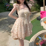 KYLETHOMASW  -  Women Summer Floral Print Ruffle Bow Sweet Sexy Fairy Mini Dress High Waist Sleeveless Slim Square Collar A Line Dresses Vestido