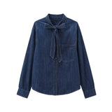 KYLETHOMASW  -  Autumn Long Sleeve Blouse Women Minimalist Denim Shirt Fashionable Elegant Bow Tie Commuting Casual Shirt Ladies
