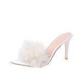 KYLETHOMASW  -  41-43 big size fur sandals high heels transparent slippers women brand designer feather sandalias mujer pointy open toe slides