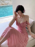 KYLETHOMASW  -  New Elegant Fashion Summer Pleats Dresses for Women Drawstring Evening Party Korean Pink Bodycon Female Clothing