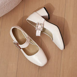 KYLETHOMASW  -  Plus Size 48 Women Patent Leather Mary Jane Shoes Sparkly Crystal Rhinestone Burgundy White Block Heel Pumps Party Shoe