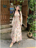KYLETHOMASW  -  Summer 2PCS Sexy Spaghetti Strap Dress for Women Korean A-line Print Long Dress Slim Fit Temperament Elegant Vacation Dress