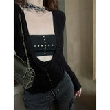 Kylethomasw Autumn New Deep V-neck Pleated Sexy Slim Rivets Long-sleeved T-shirt Women + Black All-match Tube Tops Two-piece Suit