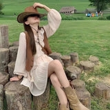 KYLETHOMASW  -  White Gentle Style Long-sleeved Dress for Women with Waist Slimming a Character