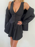 KYLETHOMASW  -  Women Sexy Outfit Sleeveless Vest Top Suit Party Club Blazer Vest Tops Mini Elegant Pleated Skirt Summer Two Piece Set 2025