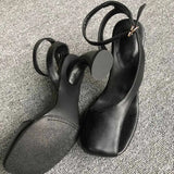 KYLETHOMASW  -  Women's Leather Sandals Square Toe Ankle Strap Chunky Heel Elegant Party Evening Shoes Fashionable Summer Footwear
