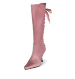 KYLETHOMASW  -  Glam-Chic Design Blush Satin Pointed-Toe Knee-High Boots Lace-Up Bow Detail Elegant Stiletto Heel Romantic Soft Style Lady Boots