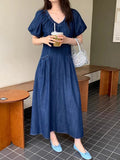 KYLETHOMASW  -  Women Dress Korean Chic Summer Retro Temperament V-neck Pleated Waist Slim Double Pocket Bubble Sleeve Denim Vestidos