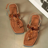 KYLETHOMASW  -  Women Beaded Clip Toe Flat Sandals Square Open Toe Ankle Buckle Strap Flip Flops Summer Beach Casual Dress Shoes