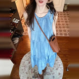 KYLETHOMASW  -  Blue Sleeveless Strap Dress Children Wear 2025 New Summer French Style Seaside Vacation Vest Long Dress Loose Elegant