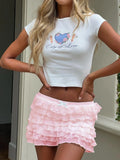 KYLETHOMASW  -  Coquette Ruffle Lace Mini Skirt Women Y2K Low Rise Layered Chiffon White Pink Sexy Short Skirt Streetwear Summer 2024