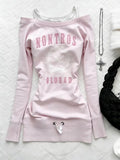 KYLETHOMASW  -  Y2K Style Women's Pink Fake Two-Piece Sweatshirt Off Shoulder Letter Graphic Slim Fit Top American 2000s Grunge Sweet Girls