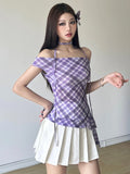 KYLETHOMASW  -  Y2k Aesthetic Vintage Sleeveless Plaid Blouse Women Summer Casual Sexy Lace-up Shirts Japanese Sweet Streetwear Irregular Tees