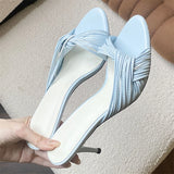 KYLETHOMASW  -  Elegant Women Thin Strap Kitten Heel Mules Open Toe Slip on Sandals Black White Blue Casual Summer Party Slides Shoes