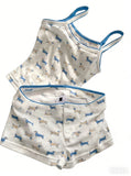 KYLETHOMASW  -  Kawaii Blue Dachshund Print Pajama Set Sleeveless Cami & High Waist Shorts - Cozy Casual Loungewear Vest Shorts 2 Pieces Set