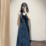 KYLETHOMASW  -  French High-end Retro Single-breasted Denim Dresses Women Summer Halter V-neck Sleeveless Slim Temperament Long Suspenders Dress