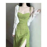 KYLETHOMASW  -  Women's Green Floral Halter Neck A-Line Dress Beach Vacation Waist-Cinching Summer New Style Cleanfit Polyester Sleeveless