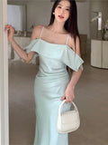 KYLETHOMASW  -  Summer Elegant Women Spaghetti Strap Dress Solid Y2K Sleeveless A-Line Princess Prom Wedding Evening Pirty Backless Clothes