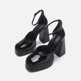 KYLETHOMASW  -  Women's Black Ultra High Heel Waterproof Platform Lacquer Leather Round Toe Thick Sole Single Shoe Large High Thick Heels