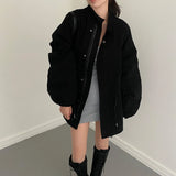 KYLETHOMASW  -  Korean Harajuku Stand Up Collar Long Sleeved Loose Jacket Casual Zipper Button Decoration Windbreaker Coat Streetwear Spicy Girl