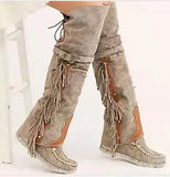 KYLETHOMASW  -  Fashion Bohemia Knee-length Women Boots Ethnic Personality High Boots Tassels Faux Suede Boots Girl Flat Bottom Long Botas Mujer