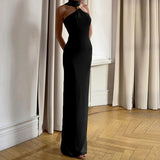 KYLETHOMASW  -  Sexy Off Shoulder Solid Color Temperament Evening Dress High-end Sleeveless Dress Hot Women Fashion Sleeveless Halter Long Dress