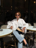 KYLETHOMASW  -  Women French Style White Blouse Lace Splicing Patchwork Shirt Elegant Flare Bell Sleeve Long Sleeve Casual Ladies Daily Tops