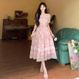 KYLETHOMASW  -  French tulip flower sweet temperament floral square neck long dress summer large size high waist thin gentle style dress