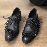 KYLETHOMASW  -  Black Soft Leather Lace-up Loafers Women Fashion Pleated Design Brand Low Heel Pumps Cozy Commuter Office Shoes Zapatos De Mujer