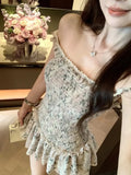 KYLETHOMASW  -  Sweet Floral Mini Dress Women Summer Casual Beach Vacation Sleeveless Dresses Slim Fit Slash Neck Cute Ruffles A Line Dress New