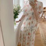 kylethomasw Short Sleeve Chiffon Dress Women Elegant Print Elastic Waist White Dress Lady Floral Summer Long Dresses for Women Vestido