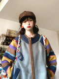 KYLETHOMASW  -  Vintage Contrast Color Rainbow Striped Sweater Female Pull Femme Knitted Cardigan Crew Neck Zipper Loose Thicken Coat