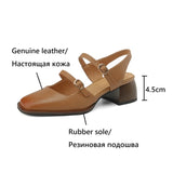 Kylethomasw Summer Women Sandals Genuine Leather Shoes for Women Square Toe Chunky Heel Plus Size Shoes Cover Toe Slingback Designer Sandals