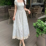 KYLETHOMASW  -  French Style Floral Women Dresses Puff Sleeve Vintage Summer Vestidos Mujer Fashion Elegant Square Neck Long Dress