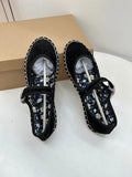 KYLETHOMASW  -  Floral Print Insole Velvet Flats Shoes Women Hand Stitching Elegant Mary Jeans Shoes Ladies Round Toe Ballets Flats Footwear