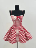 KYLETHOMASW  -  Y2K Red Plaid Princess Short Dresses for Women Summer New Slim Spaghetti Strap Corset A-line Party Dress Prom Vestidos Mujer