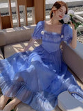 KYLETHOMASW  -  French Blue Fairy Evening Dresses for Women Elegant Square Collar Birthday Party Midi Dress Summer A-Line Casual Vestidos Robe