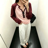 KYLETHOMASW  -  Korean Autumn Versatile Loose Pullover Top Niche Fashion Contrasting Long Sleeved Knitted Top Casual Button Decoration Loose Top