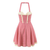 KYLETHOMASW  -  Sexy Red Plaid Print Halter Dress Women Slim Low Waist Spliced Khaki Wood ears Lining Swing Ball Gown Short Dresses Summer Robe