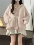 KYLETHOMASW  -   Sweater Women Sweet Furry Hooded Long Sleeve Loose Stretch Single Breasted Pockets Ball Drawstring Knitted Cardigan