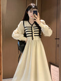 KIylethomasw Autumn and Winter Korean New Version of the Fashion V-neck Large Size Midi Fake Two-piece Knitted Splicing Loose Skinny Dresses