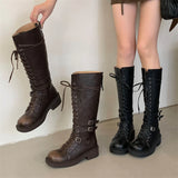 KYLETHOMASW  -  Fashion Punk Style Cross-Strap Low Heels Knee-High Boots Women Belt Buckle Round Toe Zipper Designer Shoes