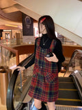 KYLETHOMASW  -  Christmas Red Plaid Strap Dress Female Autumn Winter New Vintage Dresses Slimming Sweet Age Reduction Woolen Base Skirt